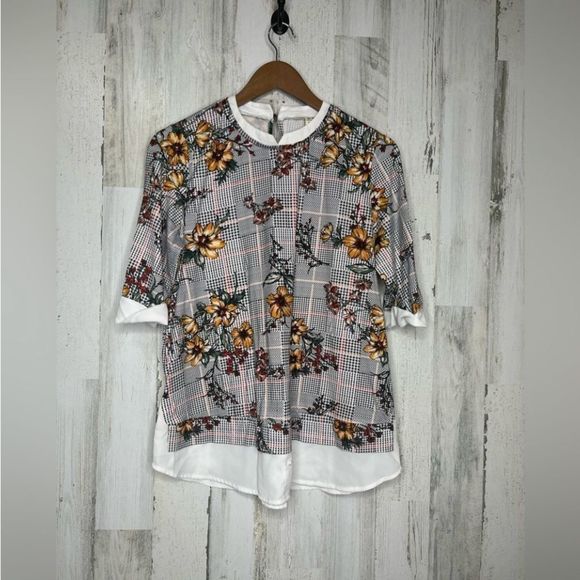 Faith And Joy Women’s Floral Houndstooth Top White Black Size Large - Picture 4 of 12